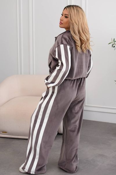 Костюм жіночий зимовий великого розміру велюр на хутрі кофта та широкі штани кольору мокко 3215 фото